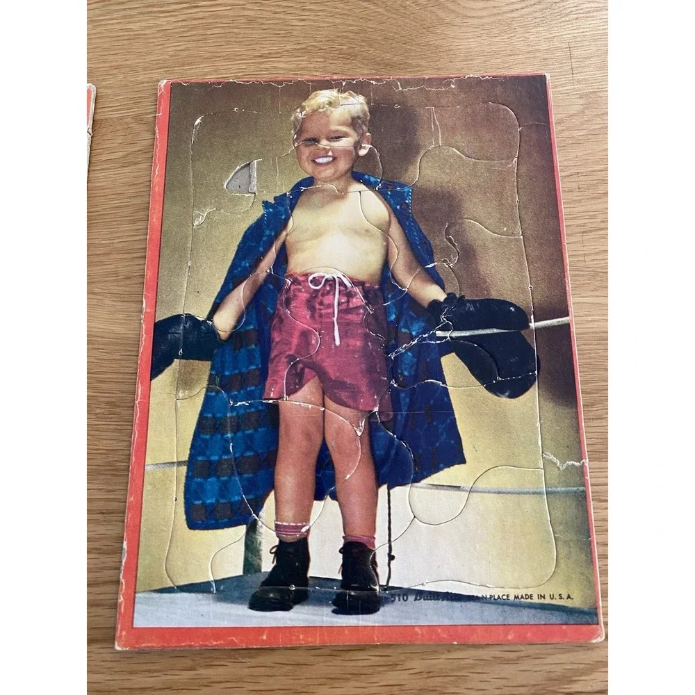 VTG Warren Built‎ Rite Sta-N-Place Boxing Boys Tray Puzzles 510 Lot of Two MCM
